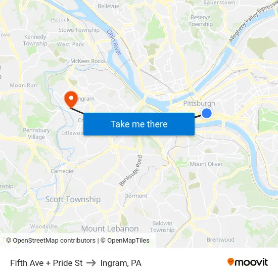 Fifth Ave + Pride St to Ingram, PA map