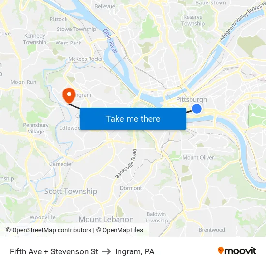 Fifth Ave + Stevenson St to Ingram, PA map