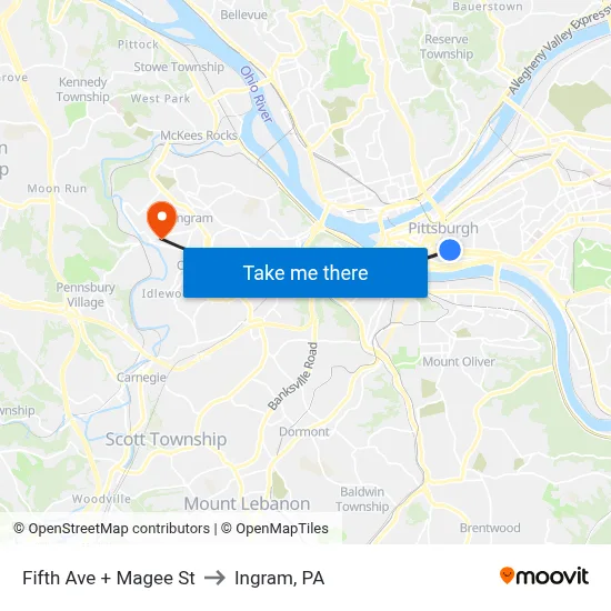 Fifth Ave + Magee St to Ingram, PA map