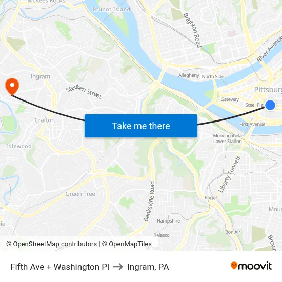 Fifth Ave + Washington Pl to Ingram, PA map