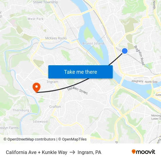 California Ave + Kunkle Way to Ingram, PA map