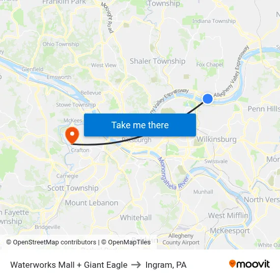 Waterworks Mall + Giant Eagle to Ingram, PA map