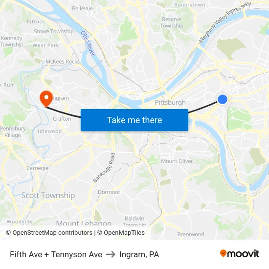 Fifth Ave + Tennyson Ave to Ingram, PA map