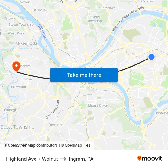 Highland Ave + Walnut to Ingram, PA map