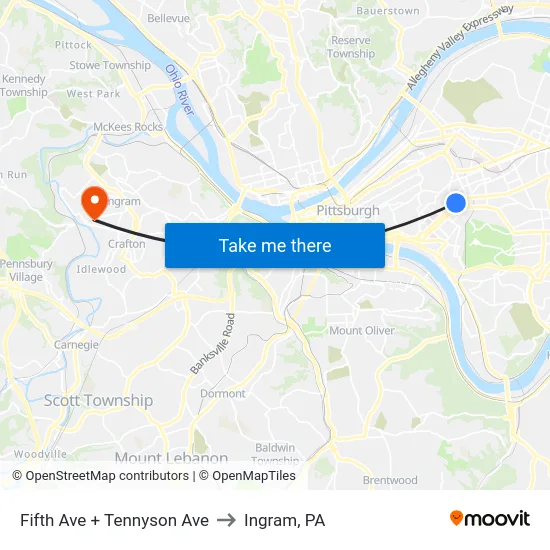 Fifth Ave + Tennyson Ave to Ingram, PA map