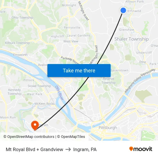 Mt Royal Blvd + Grandview to Ingram, PA map