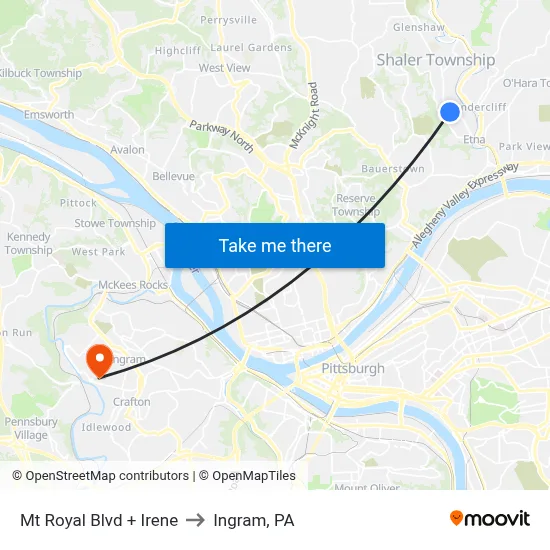 Mt Royal Blvd + Irene to Ingram, PA map
