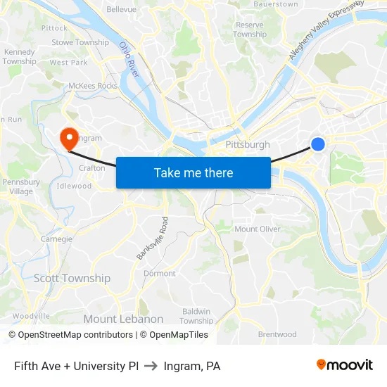 Fifth Ave + University Pl to Ingram, PA map