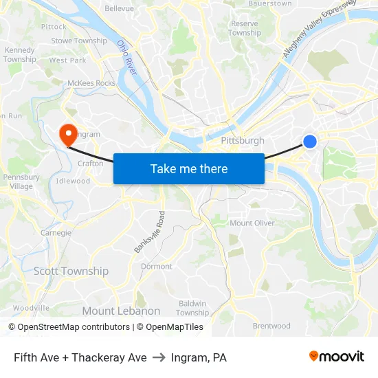 Fifth Ave + Thackeray Ave to Ingram, PA map