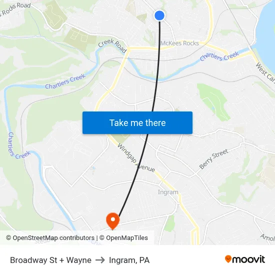 Broadway St + Wayne to Ingram, PA map