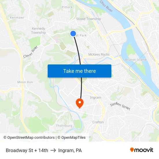 Broadway St + 14th to Ingram, PA map