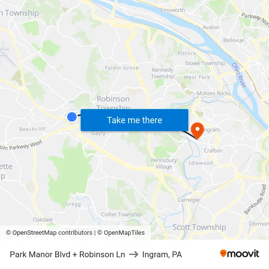 Park Manor Blvd + Robinson Ln to Ingram, PA map