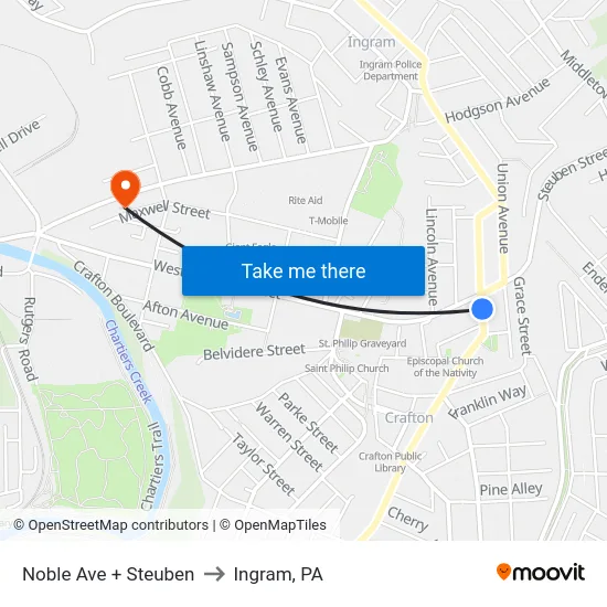 Noble Ave + Steuben to Ingram, PA map