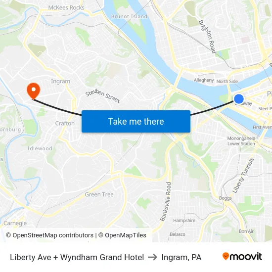 Liberty Ave + Wyndham Grand Hotel to Ingram, PA map