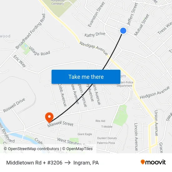 Middletown Rd + #3206 to Ingram, PA map