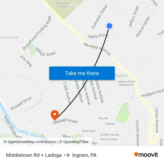 Middletown Rd + Ladoga to Ingram, PA map
