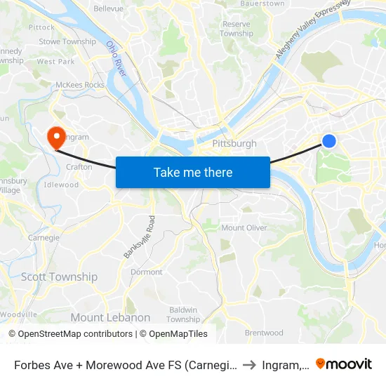 Forbes Ave + Morewood Ave FS (Carnegie Mellon) to Ingram, PA map