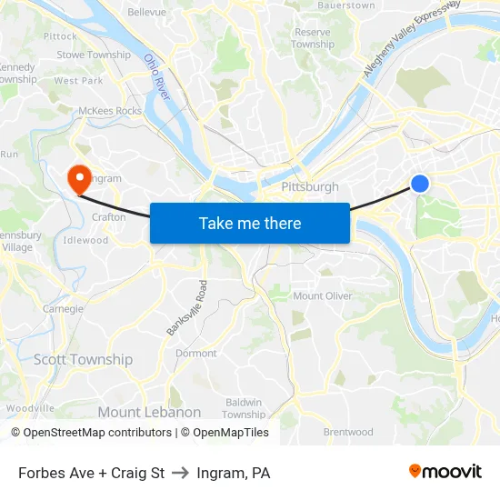 Forbes Ave + Craig St to Ingram, PA map