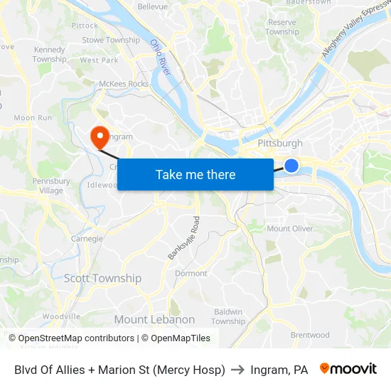 Blvd Of Allies + Marion St (Mercy Hosp) to Ingram, PA map