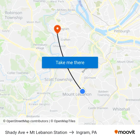 Shady Ave + Mt Lebanon Station to Ingram, PA map