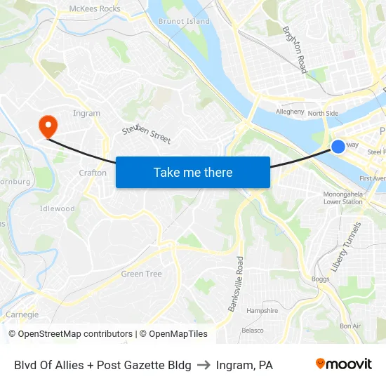 Blvd Of Allies + Post Gazette Bldg to Ingram, PA map