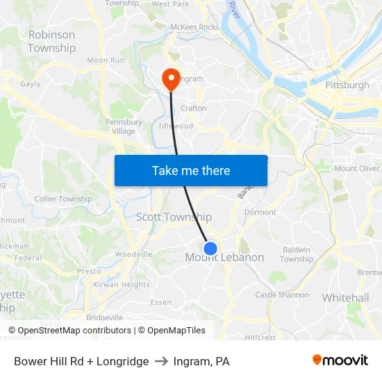 Bower Hill Rd + Longridge to Ingram, PA map