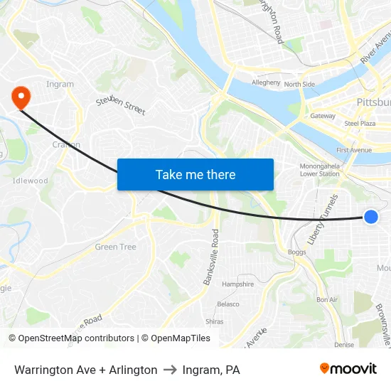 Warrington Ave + Arlington to Ingram, PA map