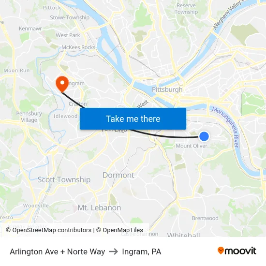 Arlington Ave + Norte Way to Ingram, PA map