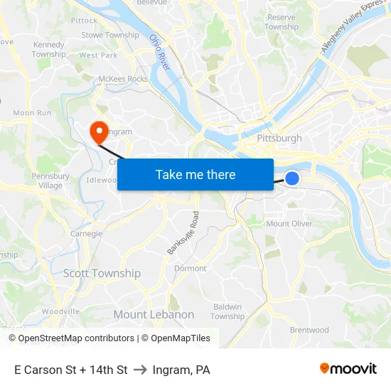 E Carson St + 14th St to Ingram, PA map