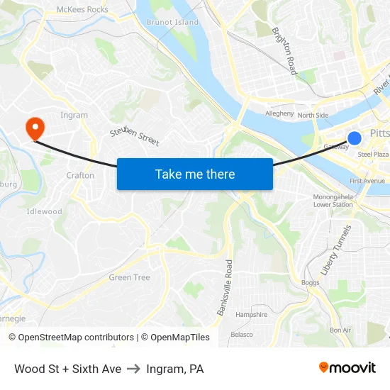 Wood St + Sixth Ave to Ingram, PA map