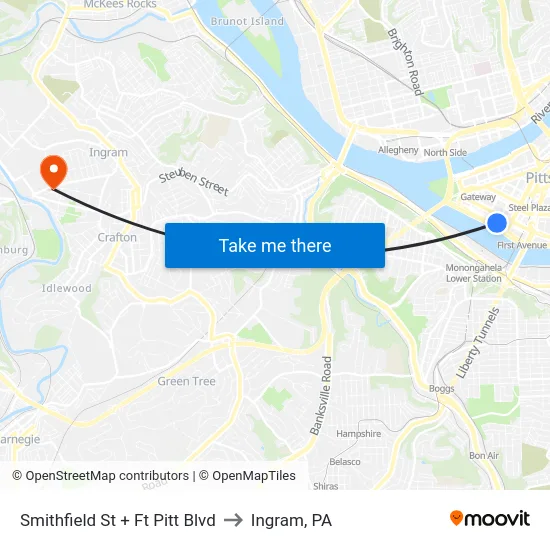 Smithfield St + Ft Pitt Blvd to Ingram, PA map