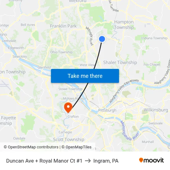 Duncan Ave + Royal Manor Ct #1 to Ingram, PA map