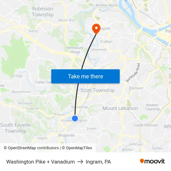 Washington Pike + Vanadium to Ingram, PA map