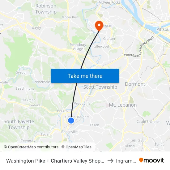 Washington Pike + Chartiers Valley Shopping Center to Ingram, PA map