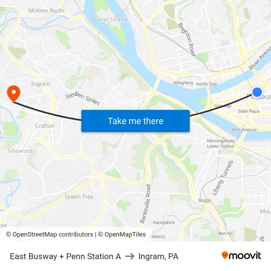 East Busway + Penn Station A to Ingram, PA map