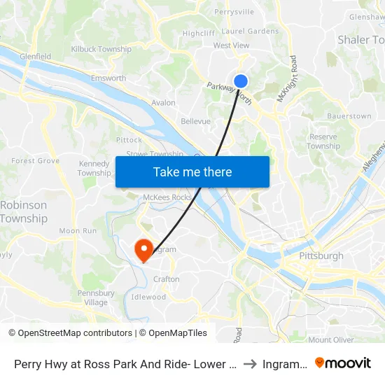 Perry Hwy at Ross Park And Ride- Lower Lot Shelter to Ingram, PA map