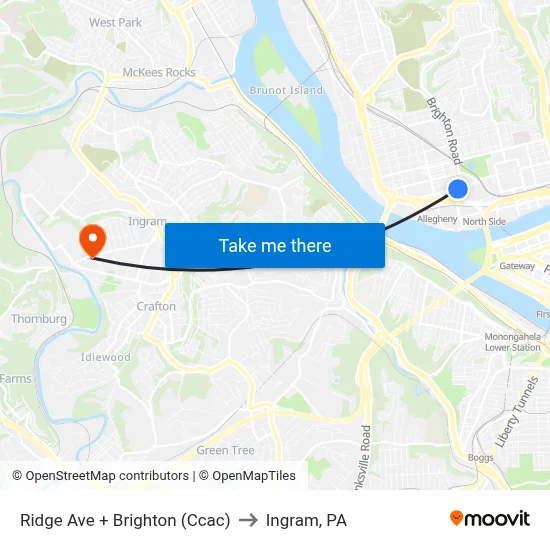 Ridge Ave + Brighton (Ccac) to Ingram, PA map