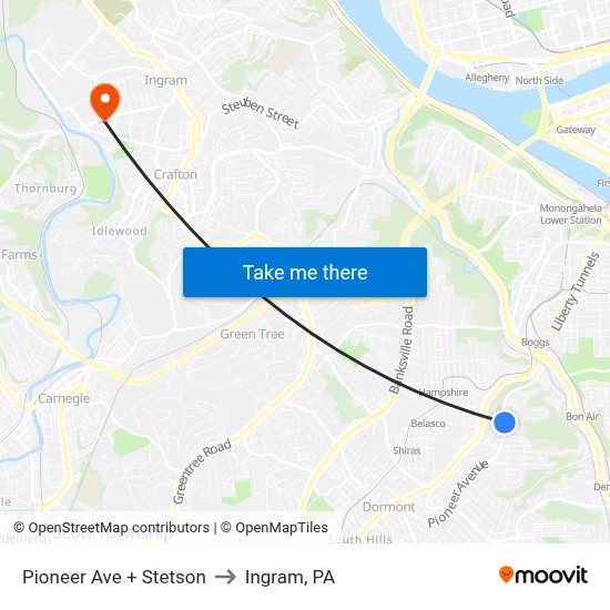 Pioneer Ave + Stetson to Ingram, PA map