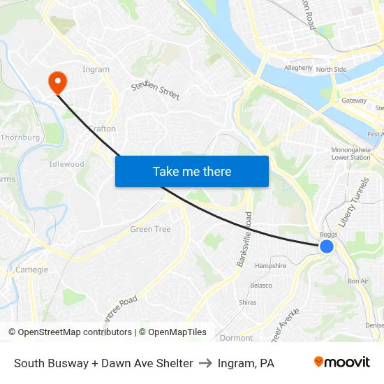 South Busway + Dawn Ave Shelter to Ingram, PA map