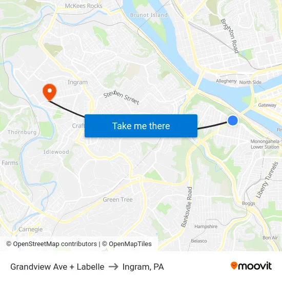 Grandview Ave + Labelle to Ingram, PA map