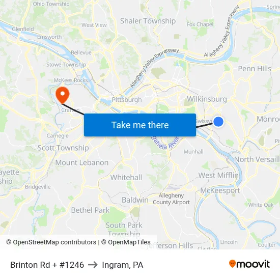 Brinton Rd + #1246 to Ingram, PA map