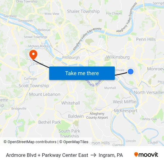 Ardmore Blvd + Parkway Center East to Ingram, PA map