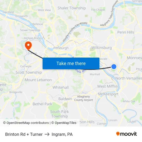 Brinton Rd + Turner to Ingram, PA map