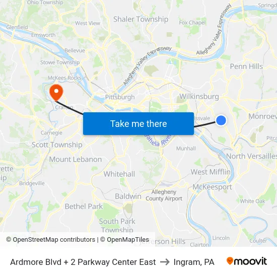 Ardmore Blvd + 2 Parkway Center East to Ingram, PA map
