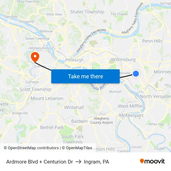 Ardmore Blvd + Centurion Dr to Ingram, PA map