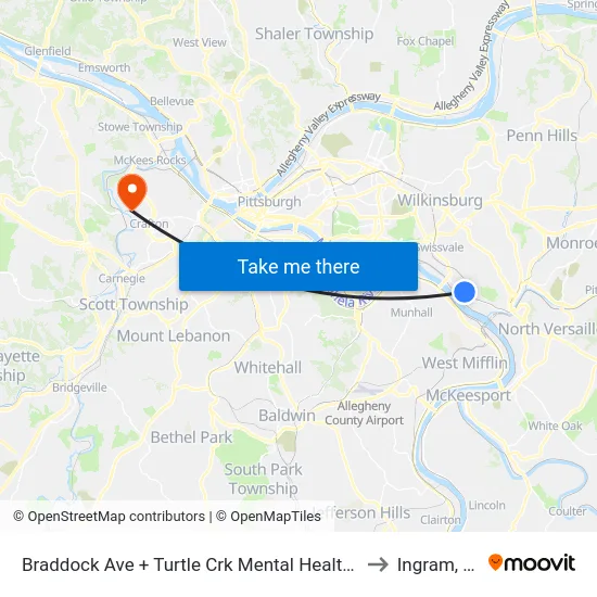 Braddock Ave + Turtle Crk Mental Health Ctr to Ingram, PA map