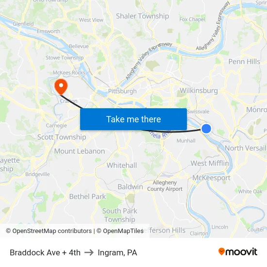 Braddock Ave + 4th to Ingram, PA map