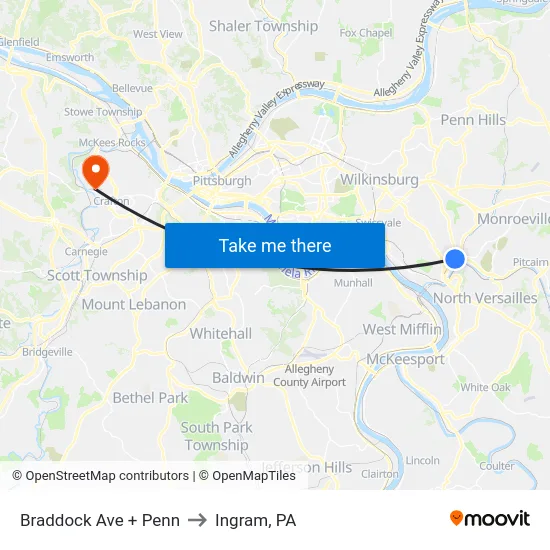 Braddock Ave + Penn to Ingram, PA map