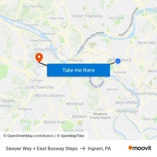 Sawyer Way + East Busway Steps to Ingram, PA map