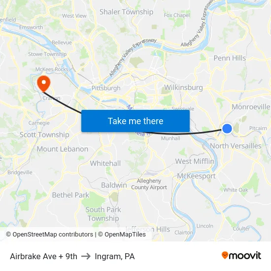 Airbrake Ave + 9th to Ingram, PA map